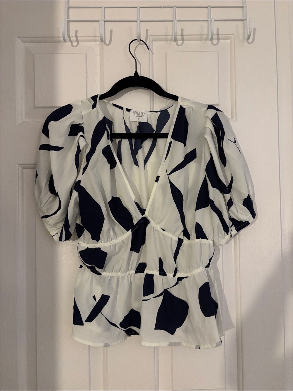 Sienna Sky White Blouse with Navy Abstract Print